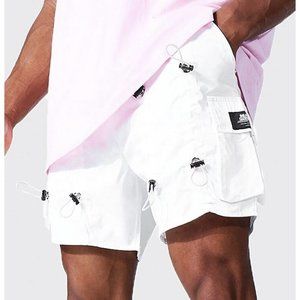 BooHooMan Mens Shorts Sz Small White Loose Fit All Over Toggle Cargo Shorts NEW